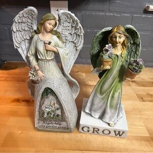 2 Garden Statues:  Weathered 11”x5.5” Angels help… & 10”x5” Grow Angel Statue